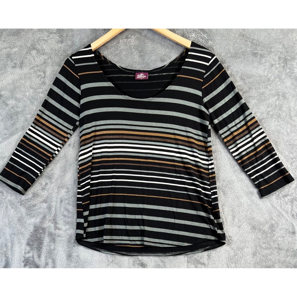 Salaam Striped Top Womens Small Fitted 3/4 Sleeve Retro Mod Black Brown USA Made